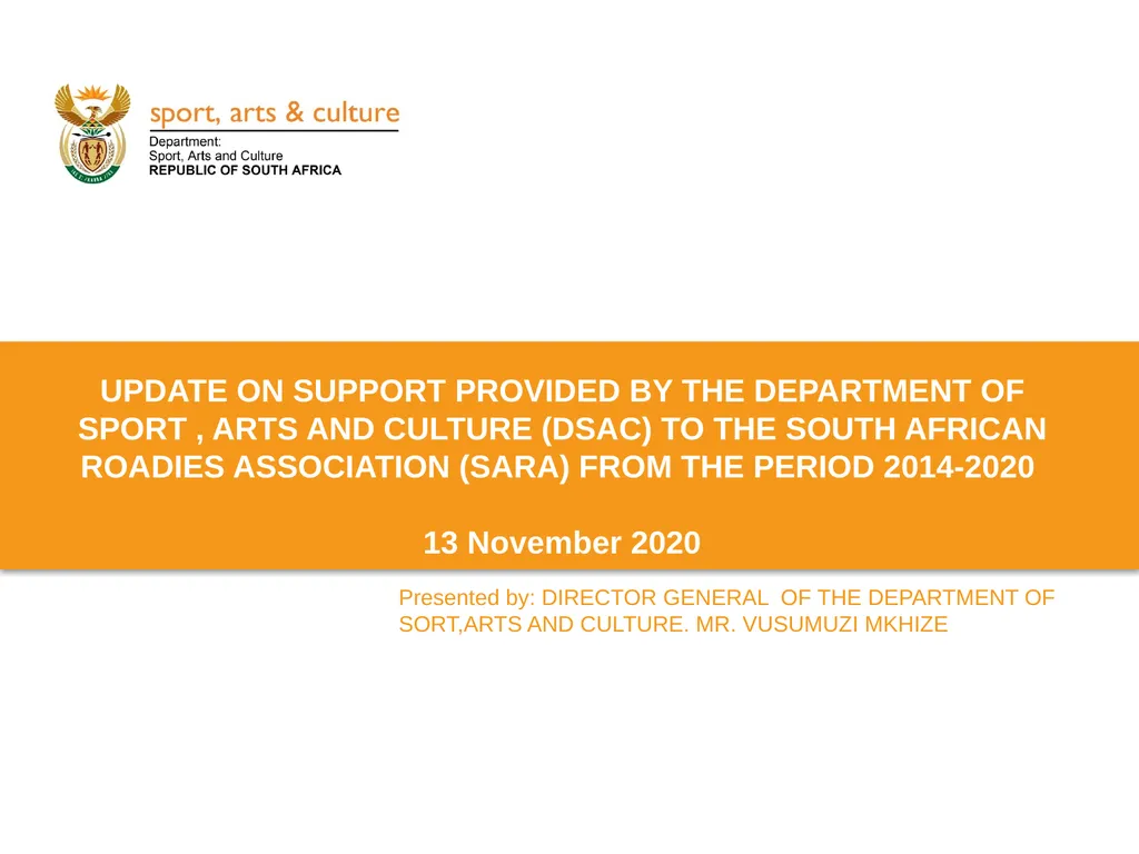 UPDATE ON SUPPORT PROVIDED BY THE DEPARTMENT OF - slide 1 of 30