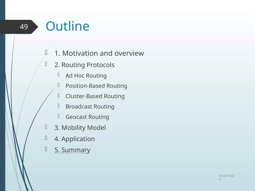 Routing in Vehicular Ad Hoc Networks: A Survey Fan - slide 49 of 51