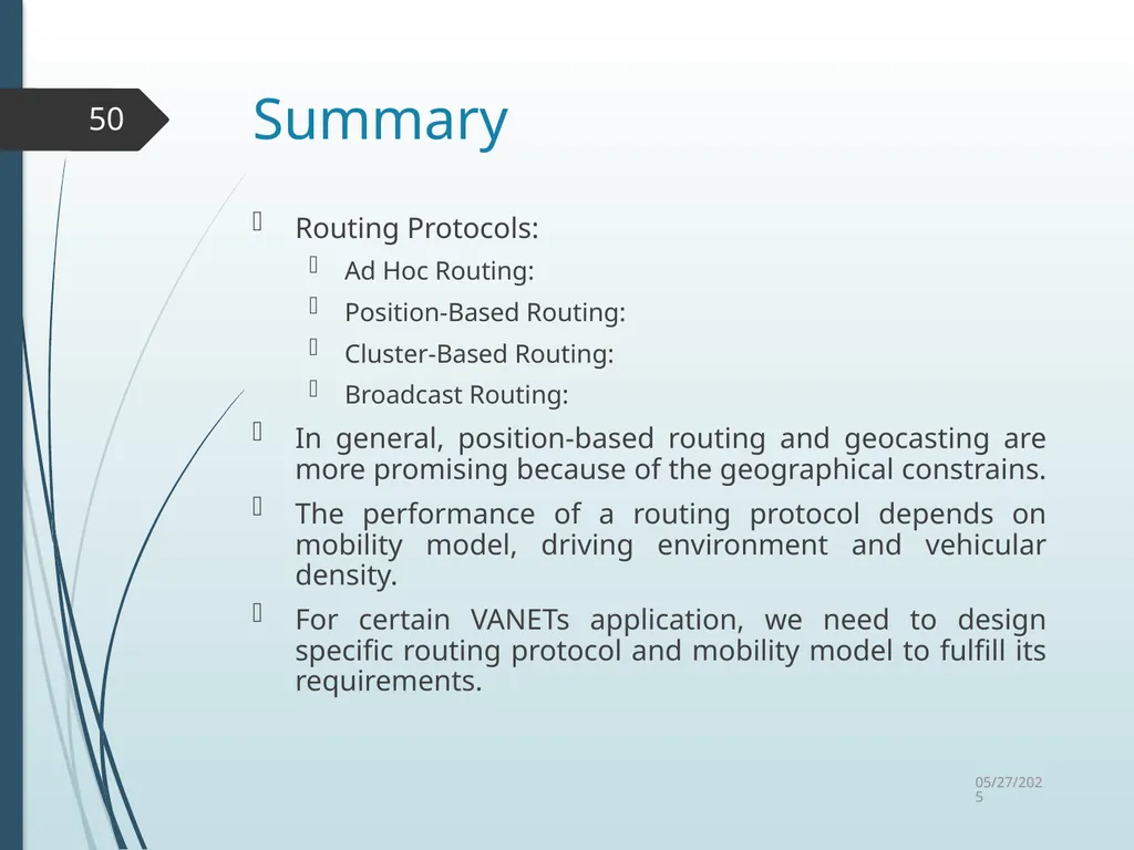 Routing in Vehicular Ad Hoc Networks: A Survey Fan - slide 50 of 51
