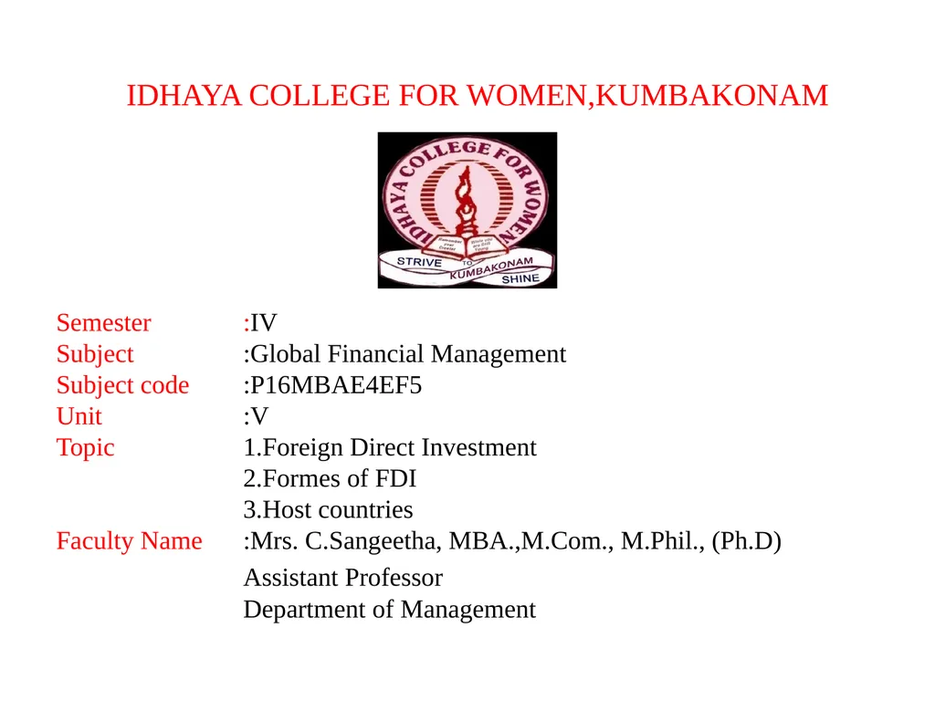IDHAYA COLLEGE FOR WOMEN,KUMBAKONAM Semester :IV