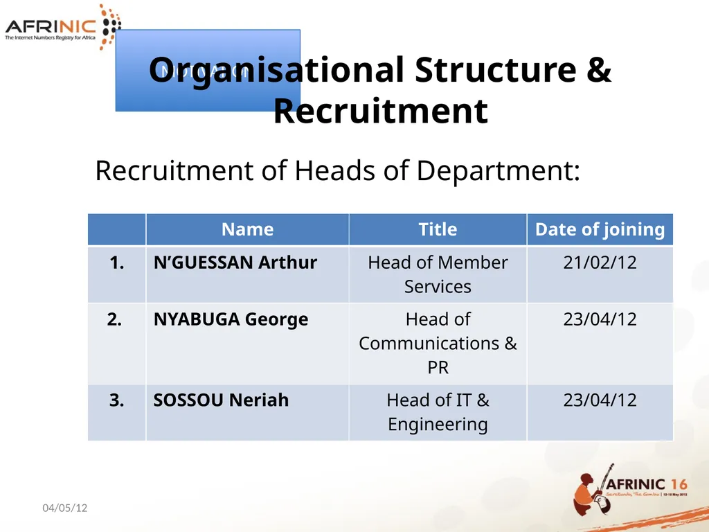 AFRINIC HUMAN RESOURCES PRESENTATION Table of - slide 8 of 36
