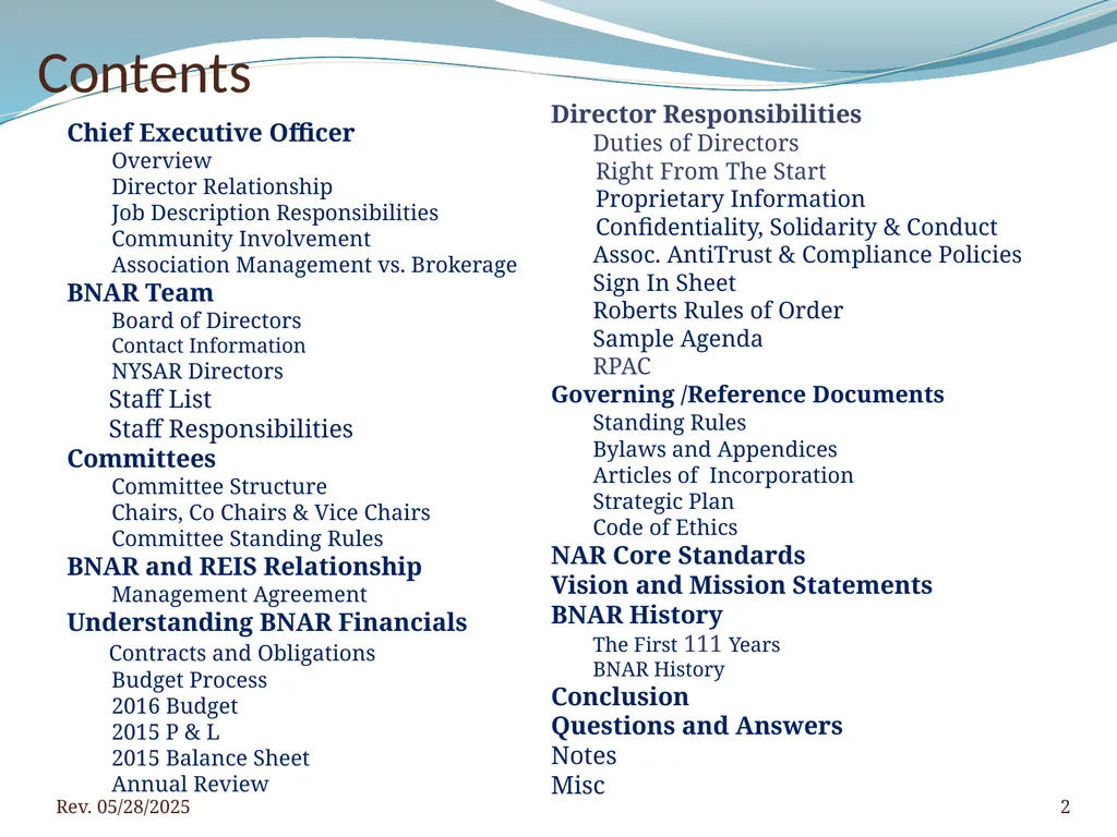 2016 BNAR Officer and Director Workshop Contents - slide 2 of 52