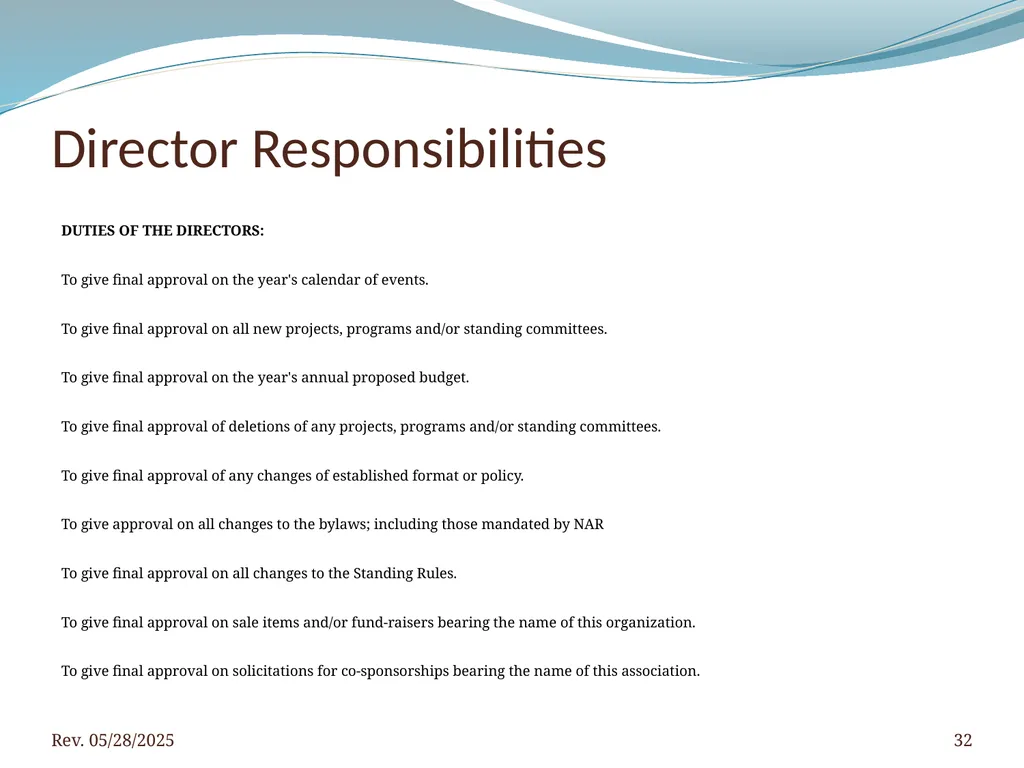 2016 BNAR Officer and Director Workshop Contents - slide 32 of 52