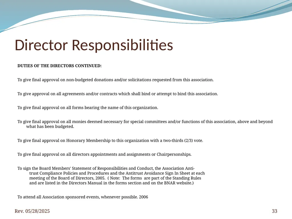 2016 BNAR Officer and Director Workshop Contents - slide 33 of 52