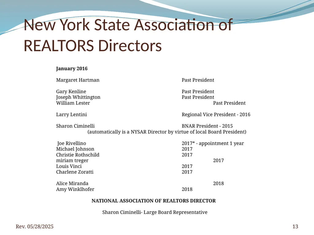 2016 BNAR Officer and Director Workshop Contents - slide 13 of 52