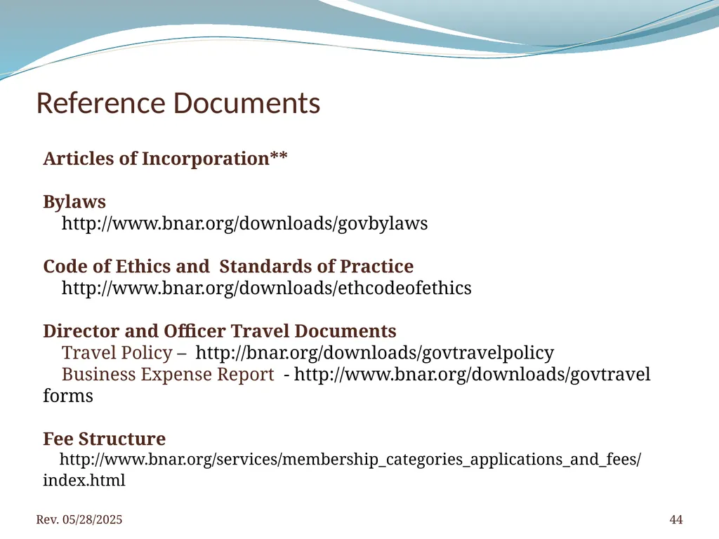 2016 BNAR Officer and Director Workshop Contents - slide 44 of 52