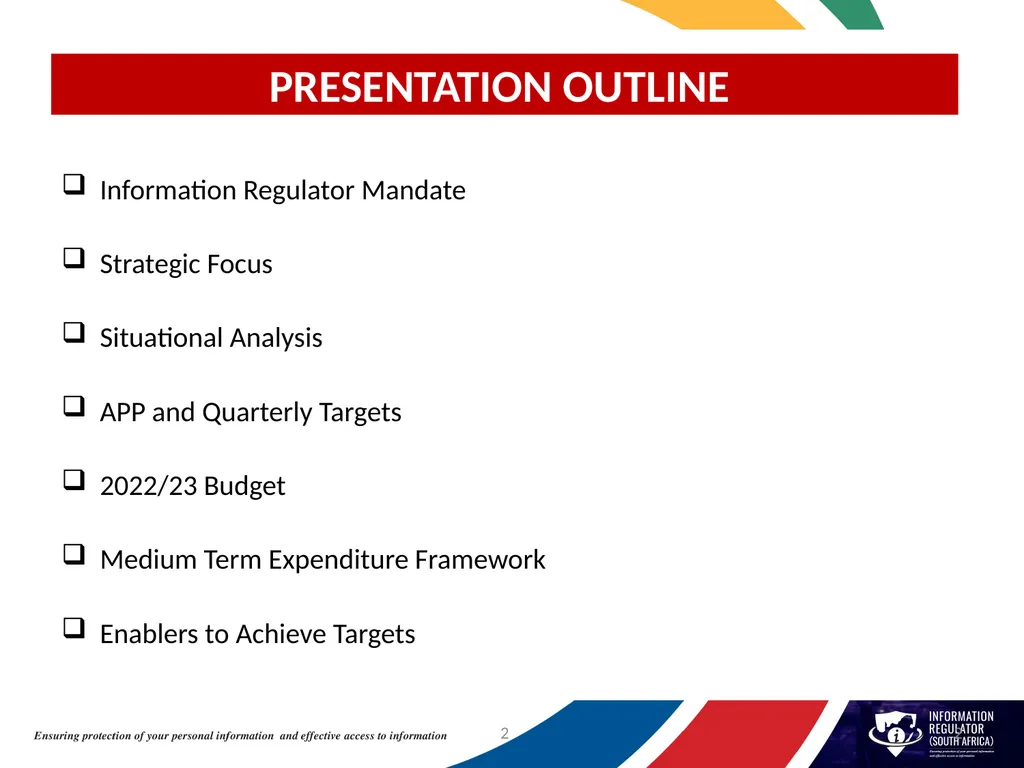 INFORMATION REGULATOR ANNUAL PERFORMANCE PLAN FOR - slide 2 of 42