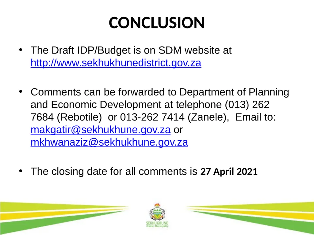 DRAFT INTEGRATED DEVELOPMENT PLAN AND BUDGET FOR - slide 52 of 54