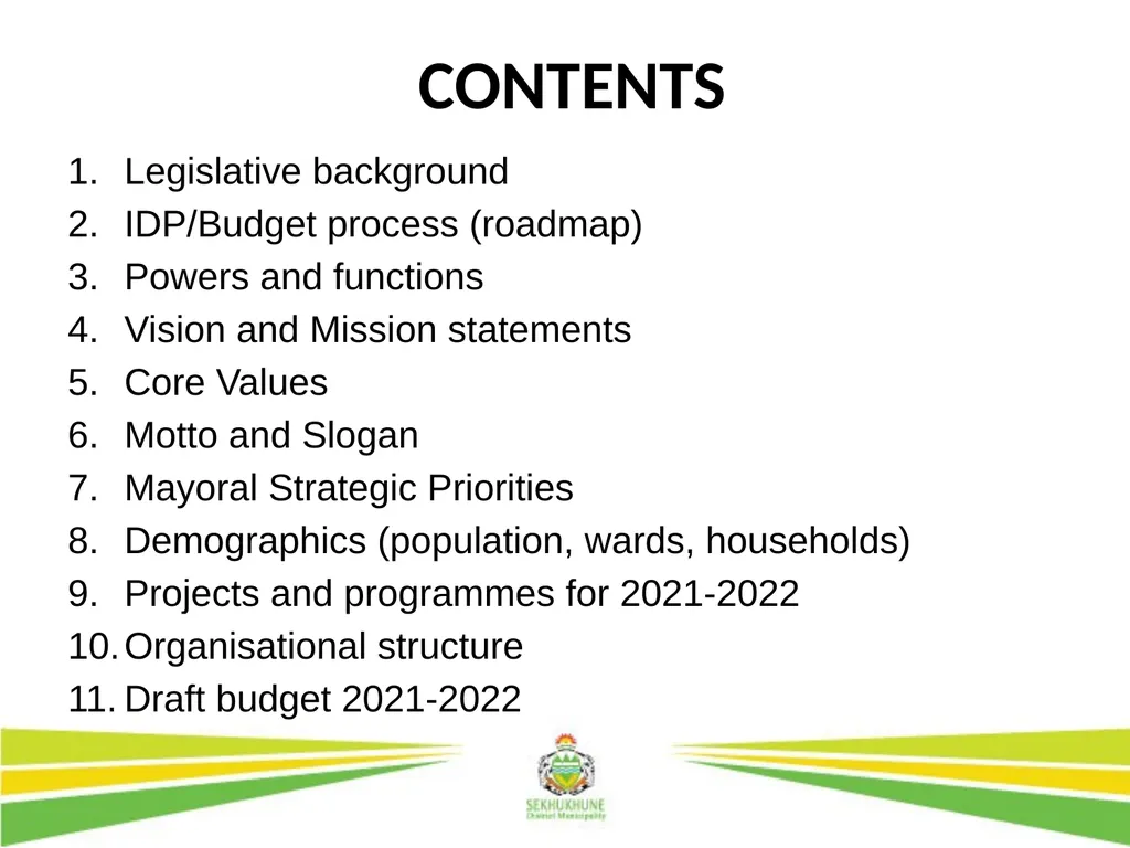 DRAFT INTEGRATED DEVELOPMENT PLAN AND BUDGET FOR - slide 2 of 54