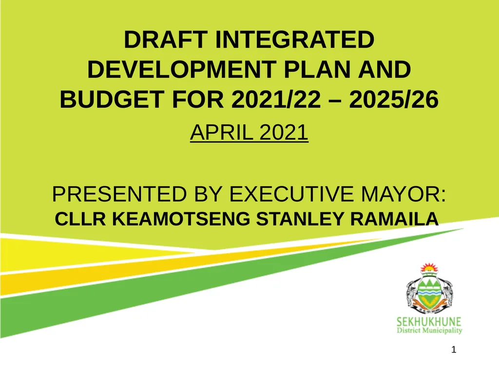 DRAFT INTEGRATED DEVELOPMENT PLAN AND BUDGET FOR - slide 1 of 54