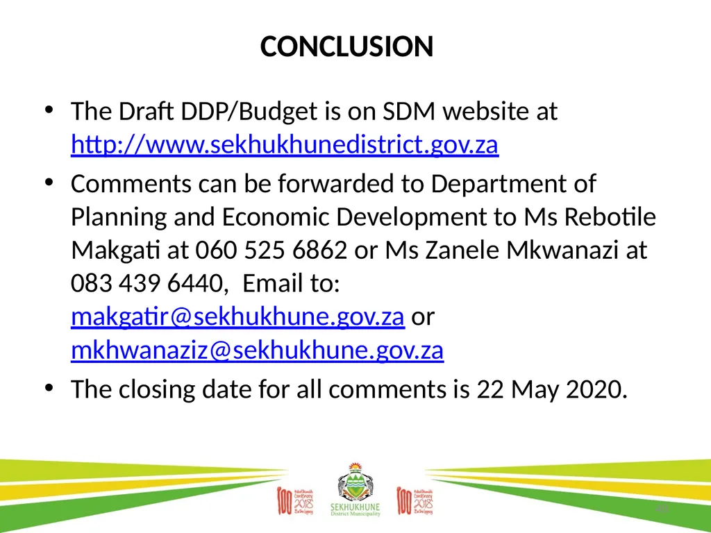 DRAFT DISTRICT DEVELOPMENT PLAN AND BUDGET FOR - slide 48 of 50