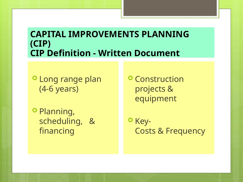 CAPITAL IMPROVEMENTS PLANNING Equipment Purchases - slide 2 of 45