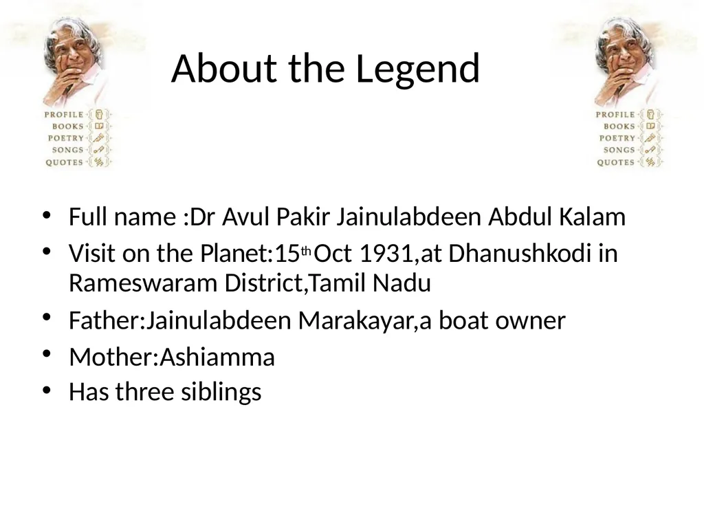 The Missile Man Dr.A.P.J.Abdul Kalam Prepared By: - slide 2 of 20