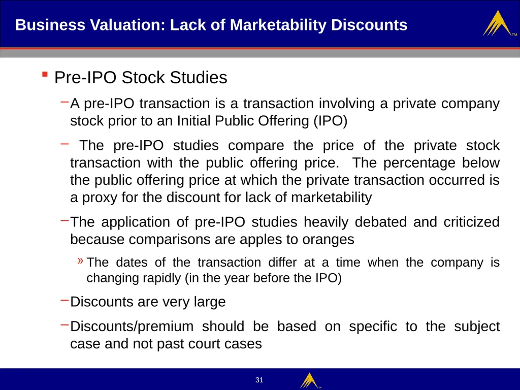 Business Valuation Valuation Methodologies - slide 31 of 43