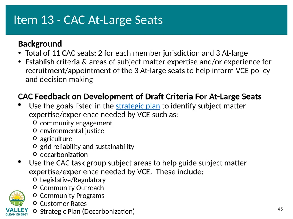 VCE Community Advisory Committee Meeting – - slide 45 of 45