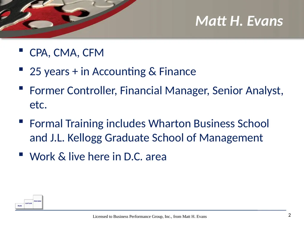 Finance for Non Financial Managers Matt H. Evans - slide 2 of 120