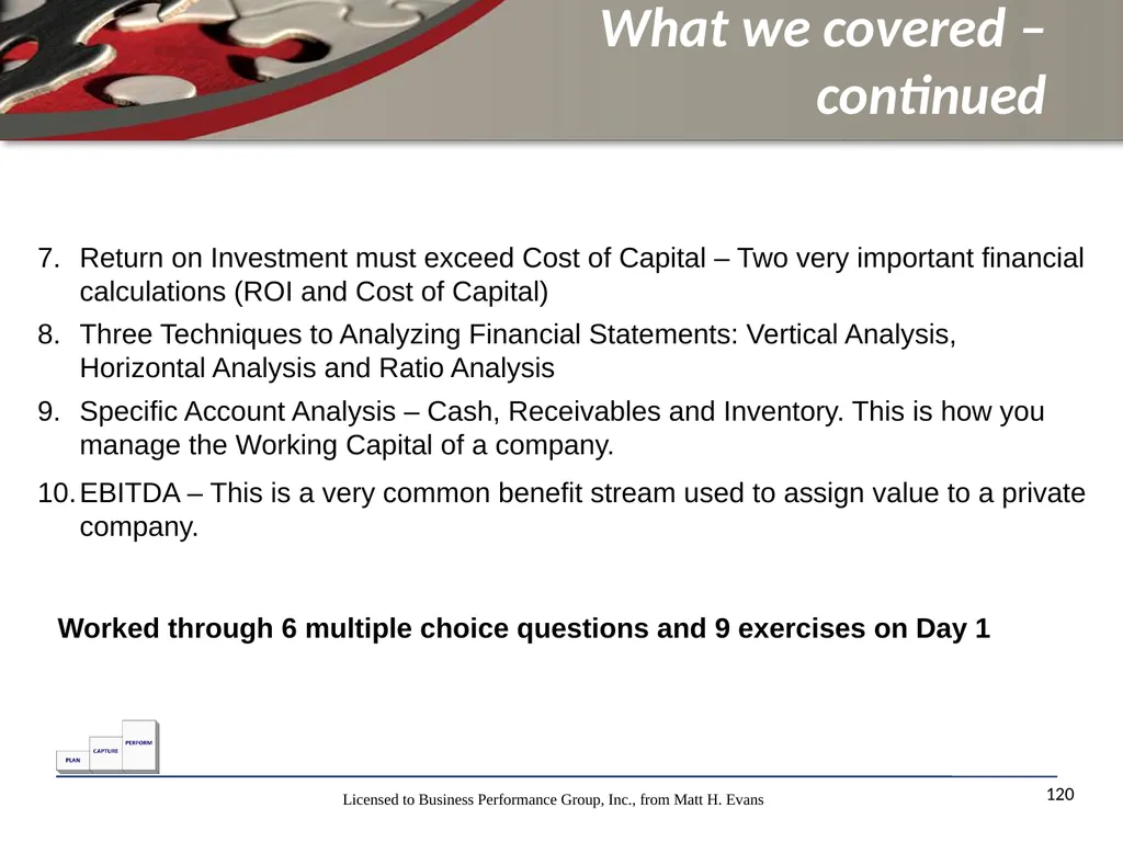 Finance for Non Financial Managers Matt H. Evans - slide 120 of 120