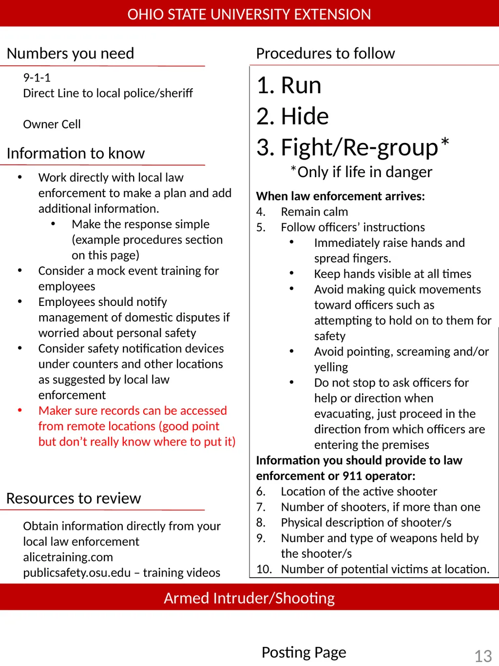 Emergency procedures and safety information for - slide 13 of 16