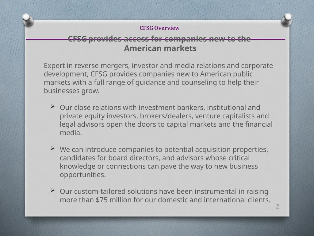 Deliver your company's story to investment and - slide 2 of 18