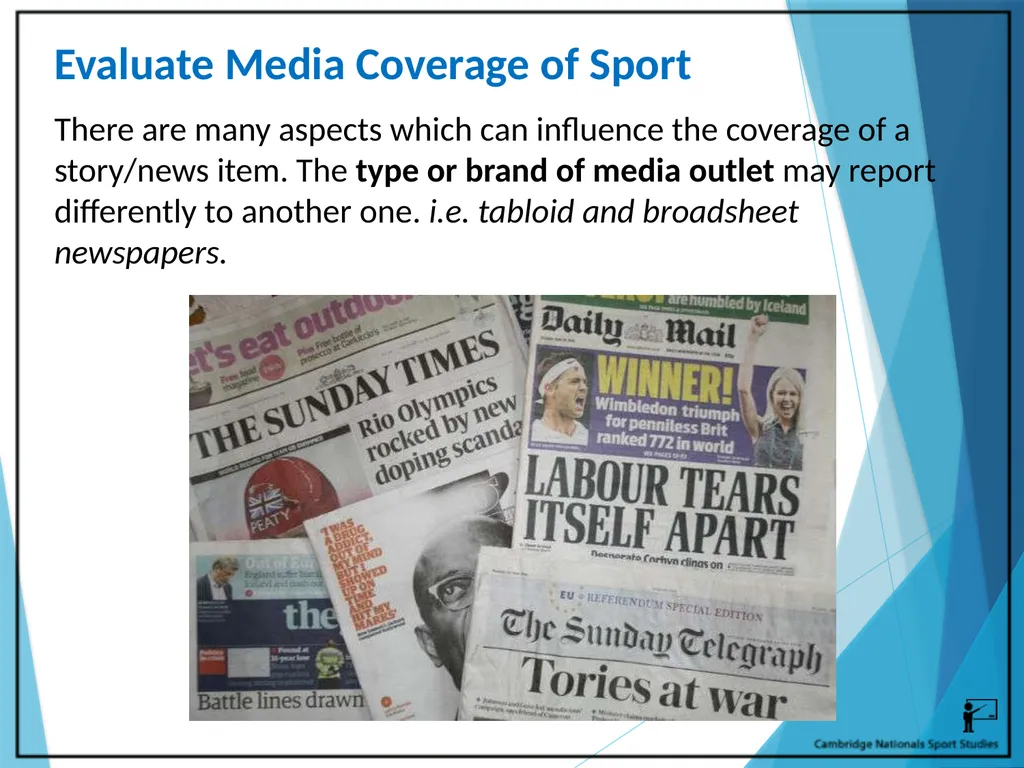 R054 – Sport and the Media Learning Outcomes LO1 - - slide 35 of 40