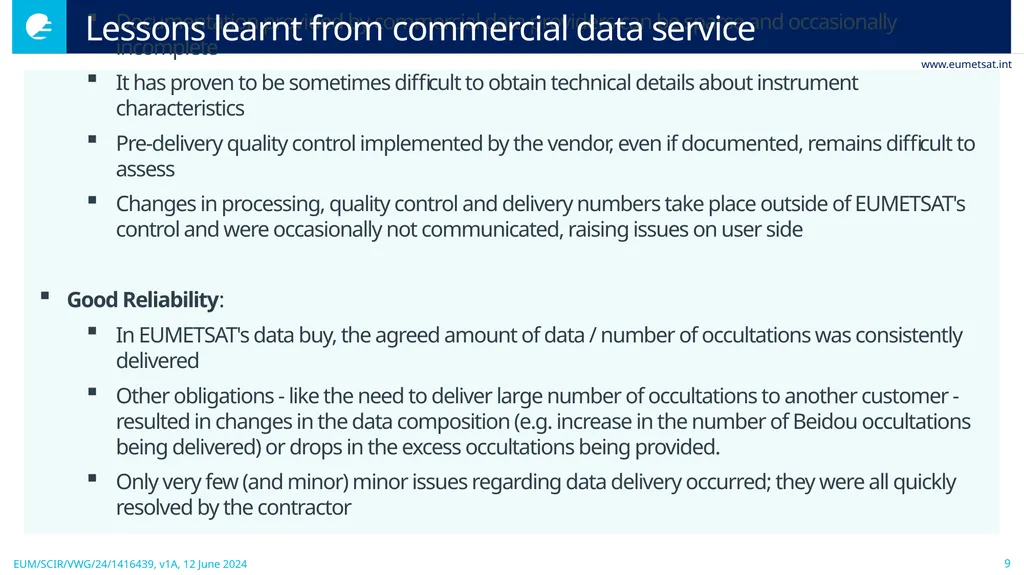 Update on EUMETSAT’s Operational Commercial - slide 9 of 15