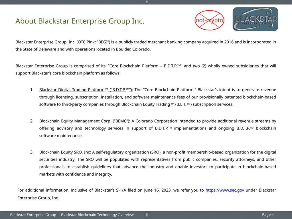 Overview : Blackstar Enterprise Group Inc. - slide 4 of 15