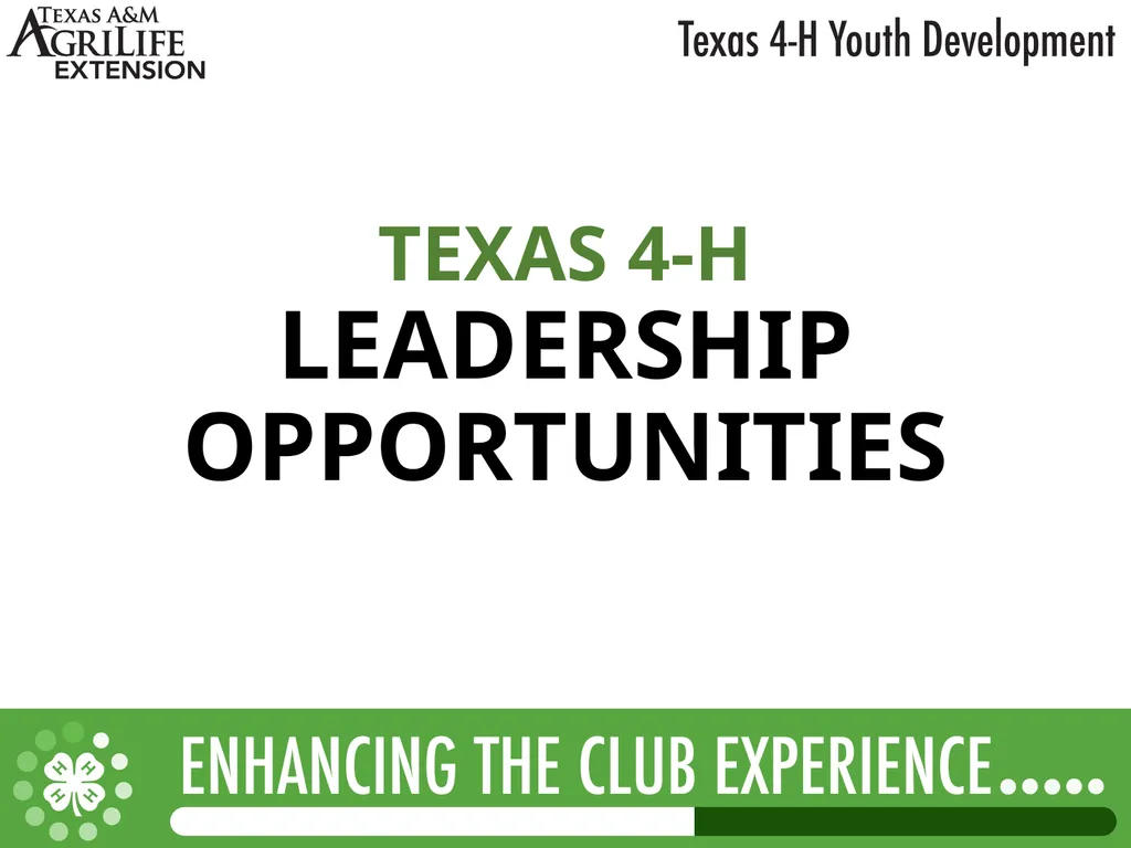 TEXAS 4-H LEADERSHIP OPPORTUNITIES What is - slide 1 of 22