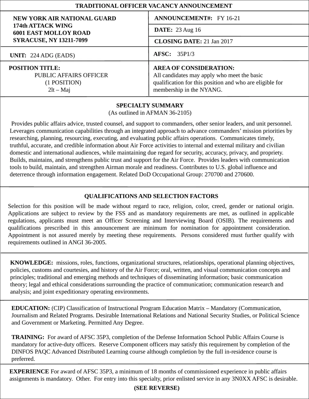 TRADITIONAL OFFICER VACANCY ANNOUNCEMENT NEW YORK
