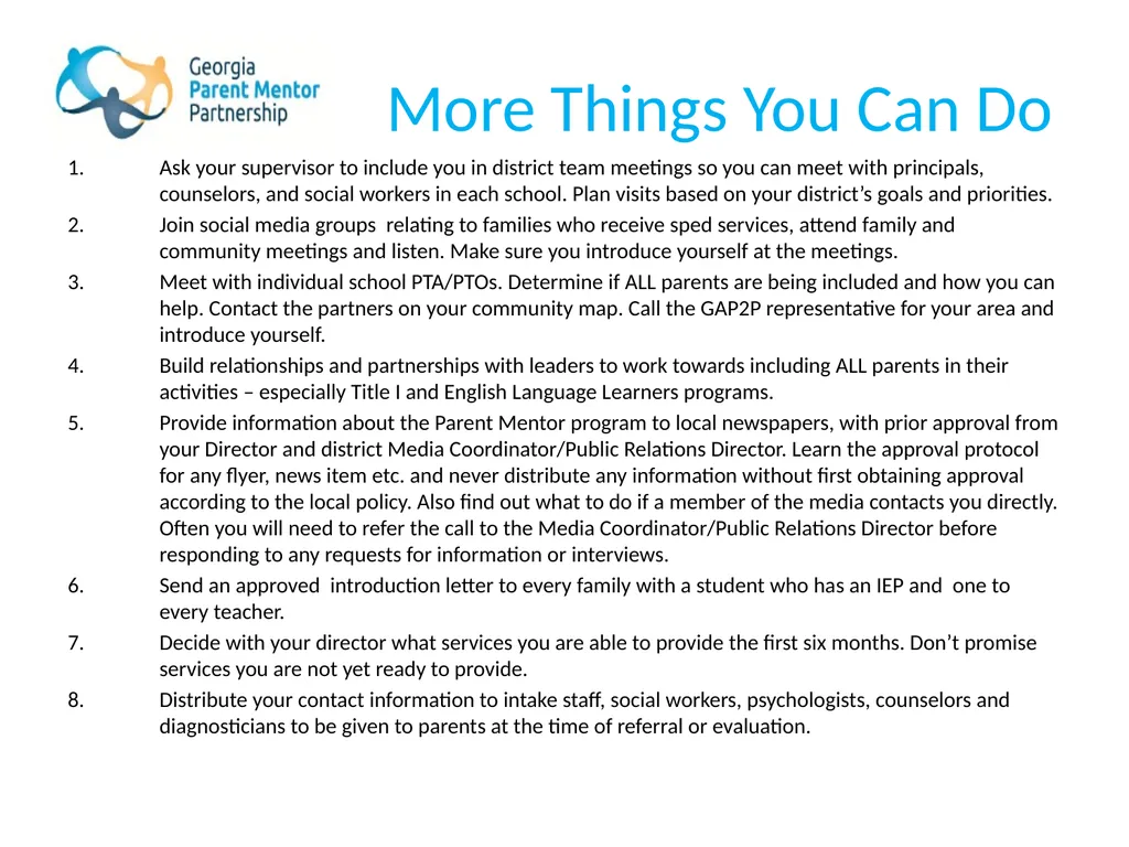 The Georgia Parent Mentor Partnership (GaPMP) Led - slide 18 of 27