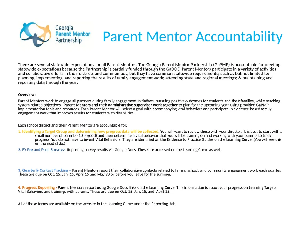 The Georgia Parent Mentor Partnership (GaPMP) Led - slide 20 of 27