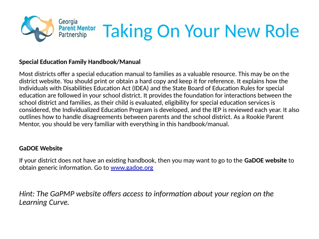 The Georgia Parent Mentor Partnership (GaPMP) Led - slide 12 of 27