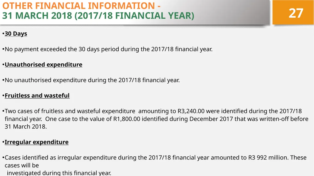 4TH QUARTER PERFORMANCE REPORT ON THE 2017/18 - slide 27 of 59
