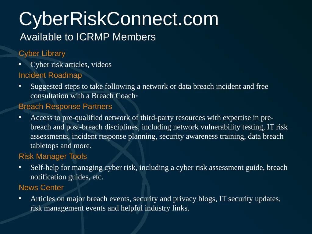 Cyber Risk Insurance & Resources for ICRMP Members - slide 19 of 22