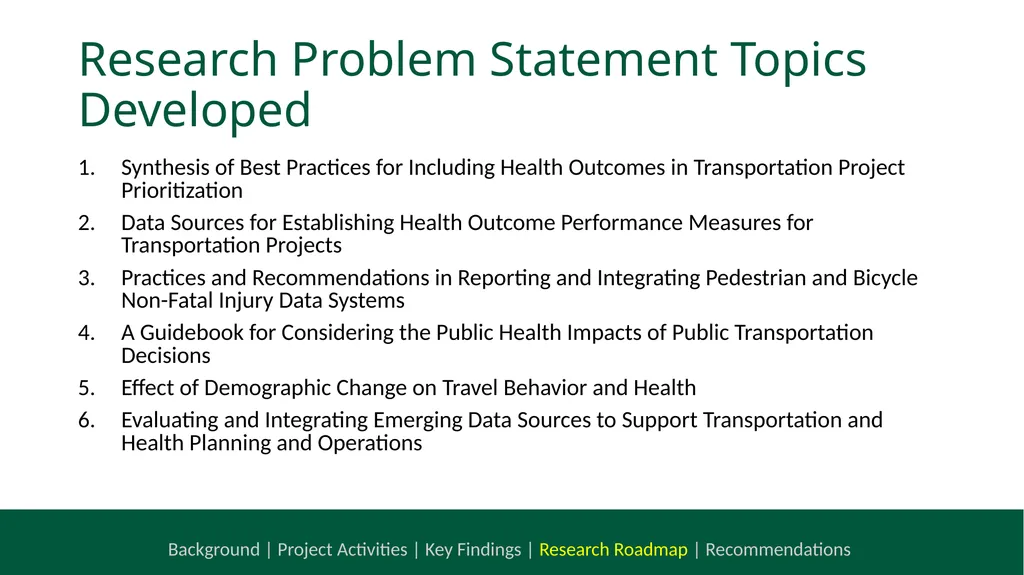 NCHRP 20-112 Health and Transportation Research - slide 21 of 24