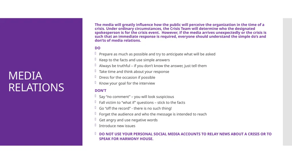 Crisis Communication Plan PURPOSE The purpose of a - slide 9 of 11