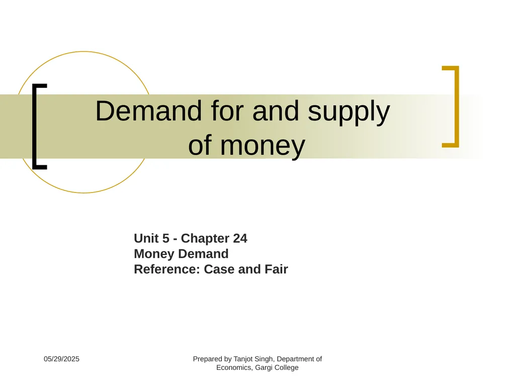 Demand for and supply of money Unit 5 - Chapter