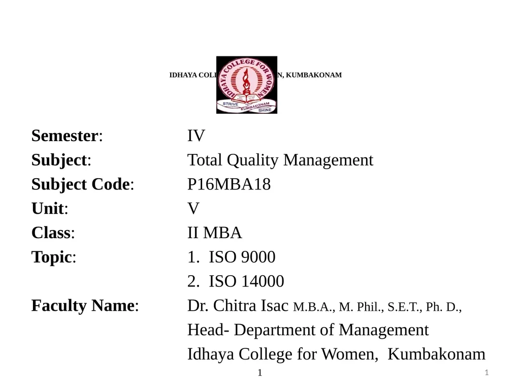 IDHAYA COLLEGE FOR WOMEN, KUMBAKONAM Semester: IV