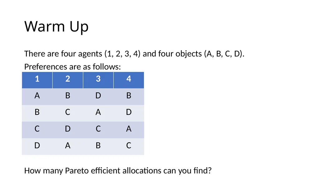 Warm Up There are four agents (1, 2, 3, 4)