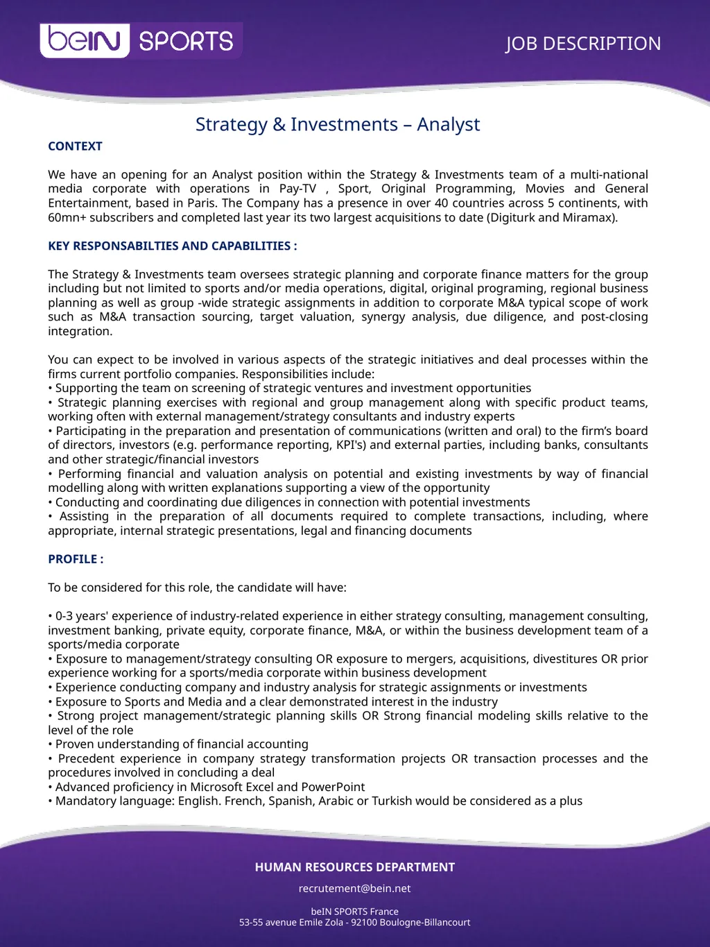 JOB DESCRIPTION HUMAN RESOURCES DEPARTMENT