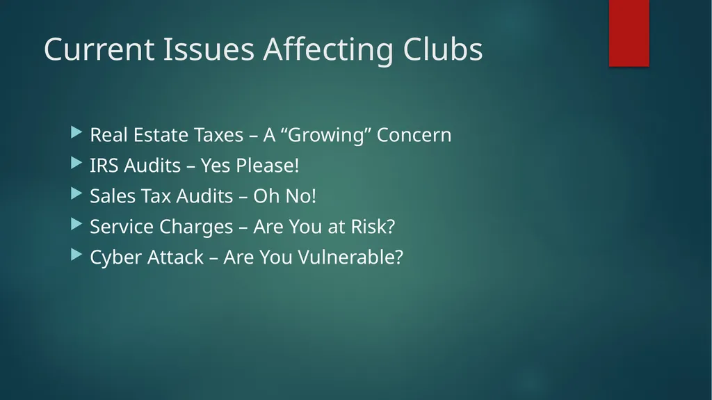 Major Accounting Issues for Clubs John D. Daum, - slide 3 of 49