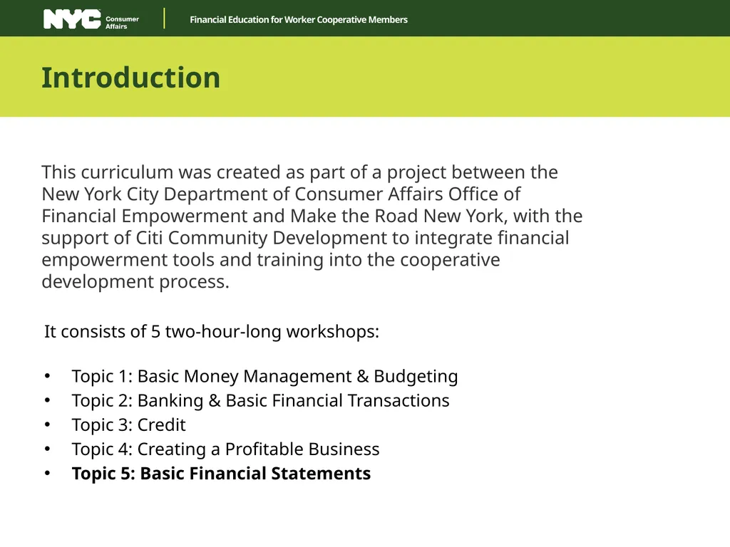 Financial Education for Worker Cooperative Members - slide 2 of 14