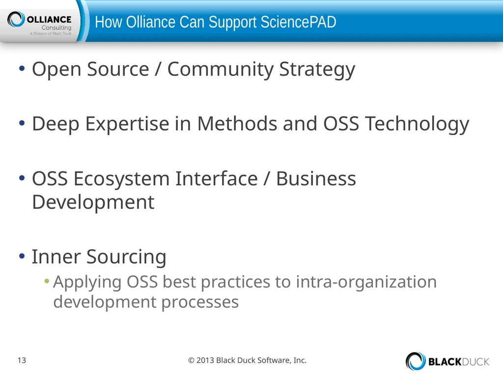 Black Duck / Olliance / Ohloh Working to Support - slide 13 of 21