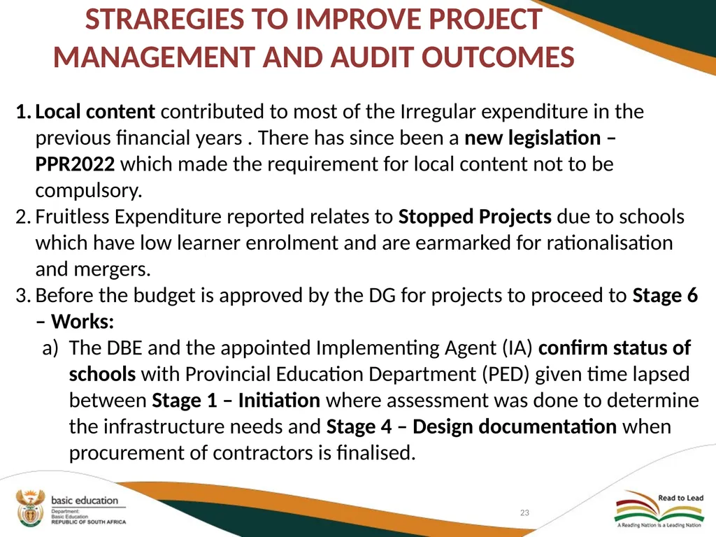 DEPARTMENT OF BASIC EDUCATION AUDIT COMMITTEE - slide 23 of 33