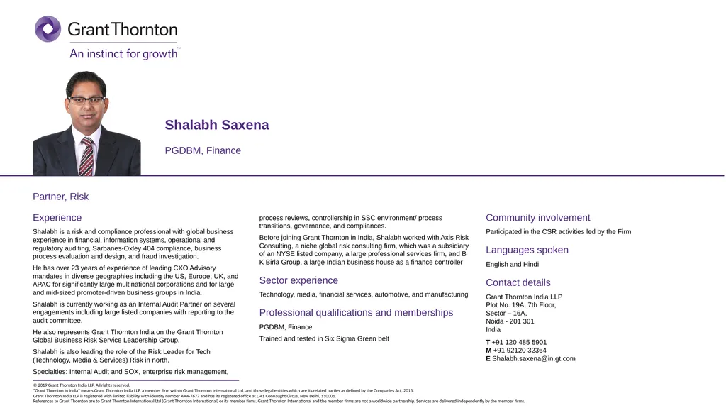 Partner, Risk Experience Shalabh is a risk and