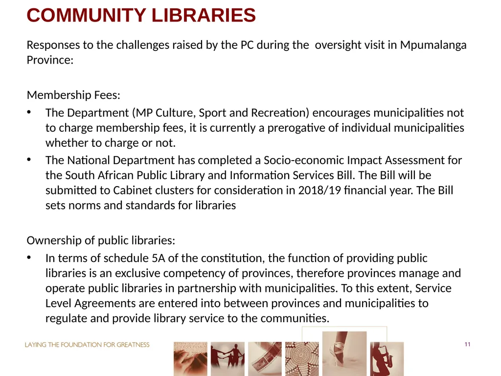 PORTFOLIO COMMITTEE ON ARTS & CULTURE Progress - slide 11 of 68