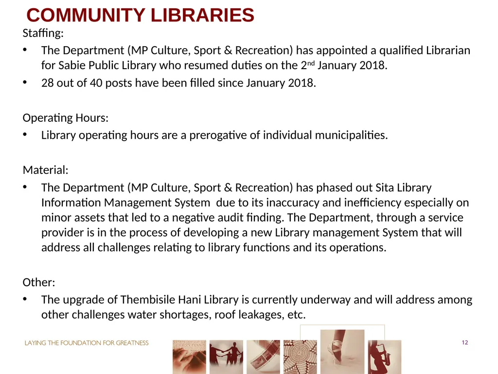 PORTFOLIO COMMITTEE ON ARTS & CULTURE Progress - slide 12 of 68