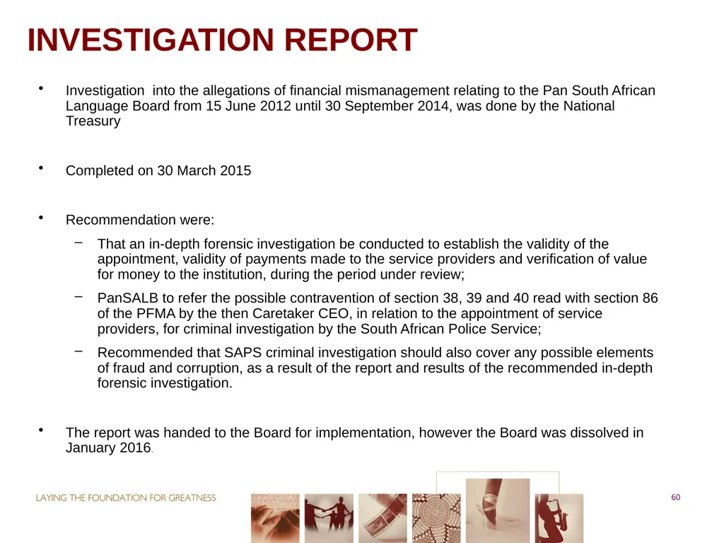 PORTFOLIO COMMITTEE ON ARTS & CULTURE Progress - slide 60 of 68