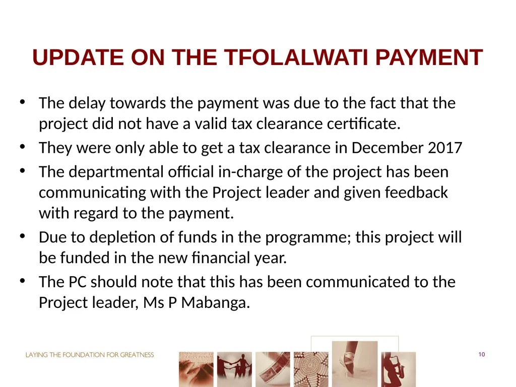 PORTFOLIO COMMITTEE ON ARTS & CULTURE Progress - slide 10 of 68