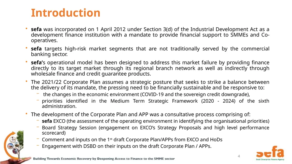 sefa’s Corporate Plan and APPs: (2021/22 – - slide 4 of 54