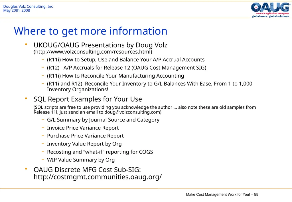 Make Cost Management Work for You! 20th May 2008 - slide 55 of 80